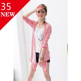 2011新品夏装 韩版淑女可爱 日系条纹绑带长袖 针织开衫
